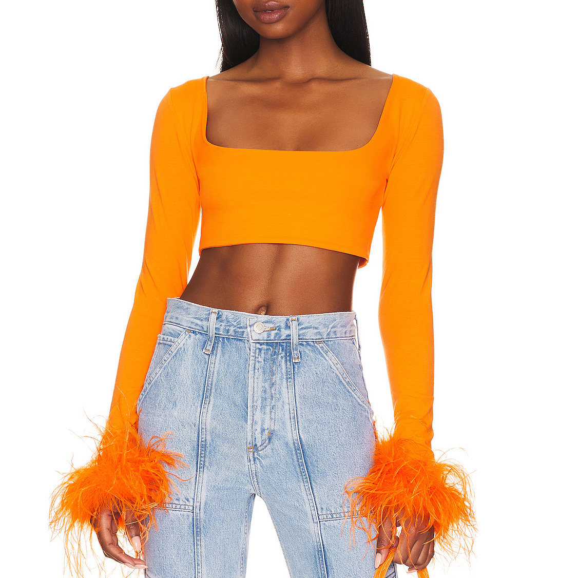 HOT SEXY CASUAL WOMEN SQUARE NECK LONG SLEEVE WITH FEATHER TRIM ORANGE RIBBED CROPPED TOPS